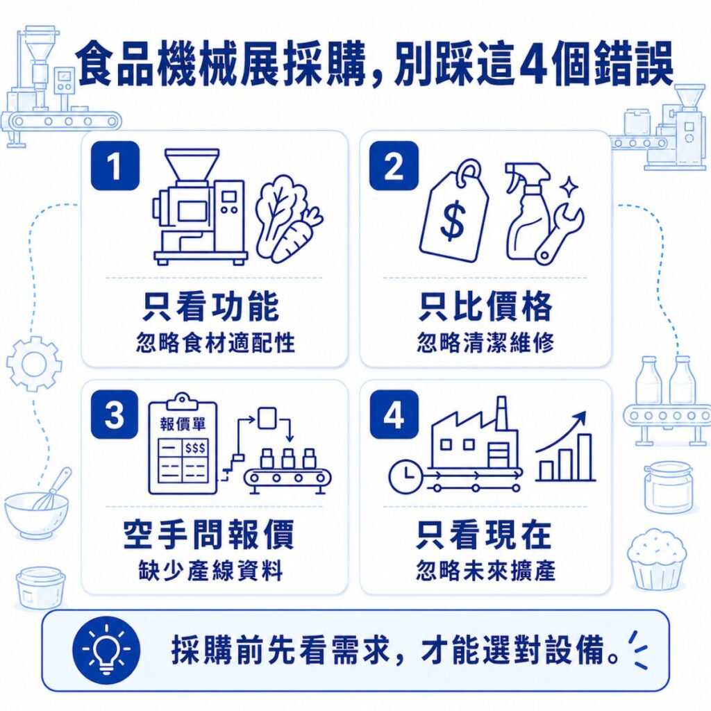 食品機械展採購常見錯誤資訊圖，整理只看功能、只比價格、空手問報價與只看現在等四大採購錯誤。